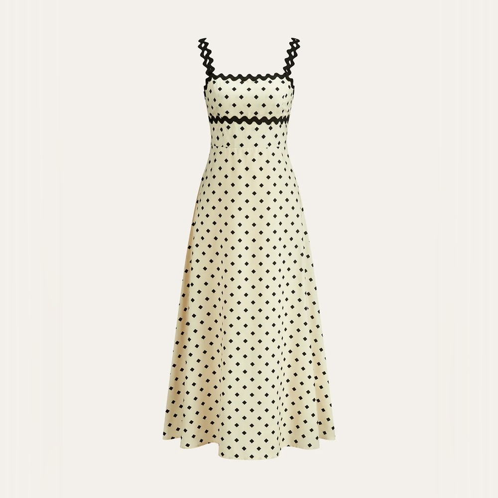 COMMENSE Polka Dot Midi Dress with Scalloped Straps COLOR - Apricot/Black NWT